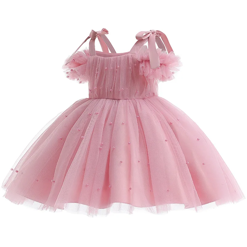 2024 New Baby Girls Dress Summer Mesh Bow Sling Little Princess Gown Dress Children\'s Performance Costume 1-5 Years Kids Clothes