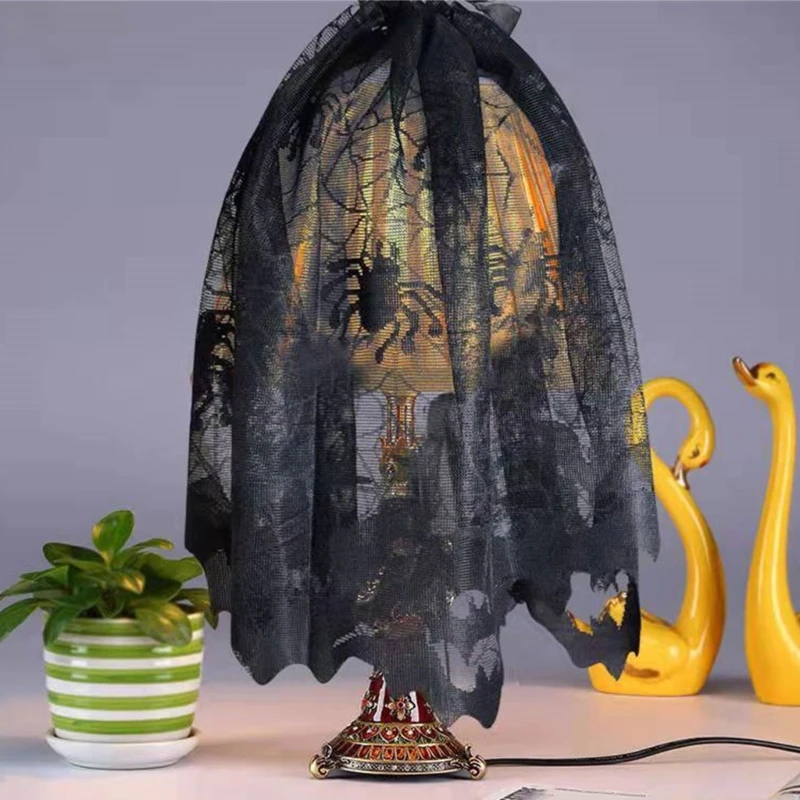 

Holiday Party Essential Mantel Scarf Cover Black Lace Tablecloth Cobweb Type