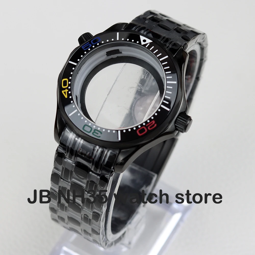 41mm black nh35 case and bracelet for Seamaster 300 mod NH35 NH36 movement 31mm dial Transparent Back watch case stainless steel