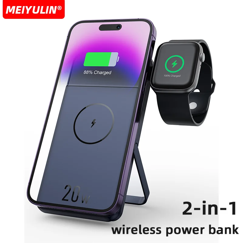 

Magnetic 10000mAh Power Bank Portable 2in1 Wireless Fast Charger PD20W External Spare Battery Pack For iWatch iPhone Apple Watch