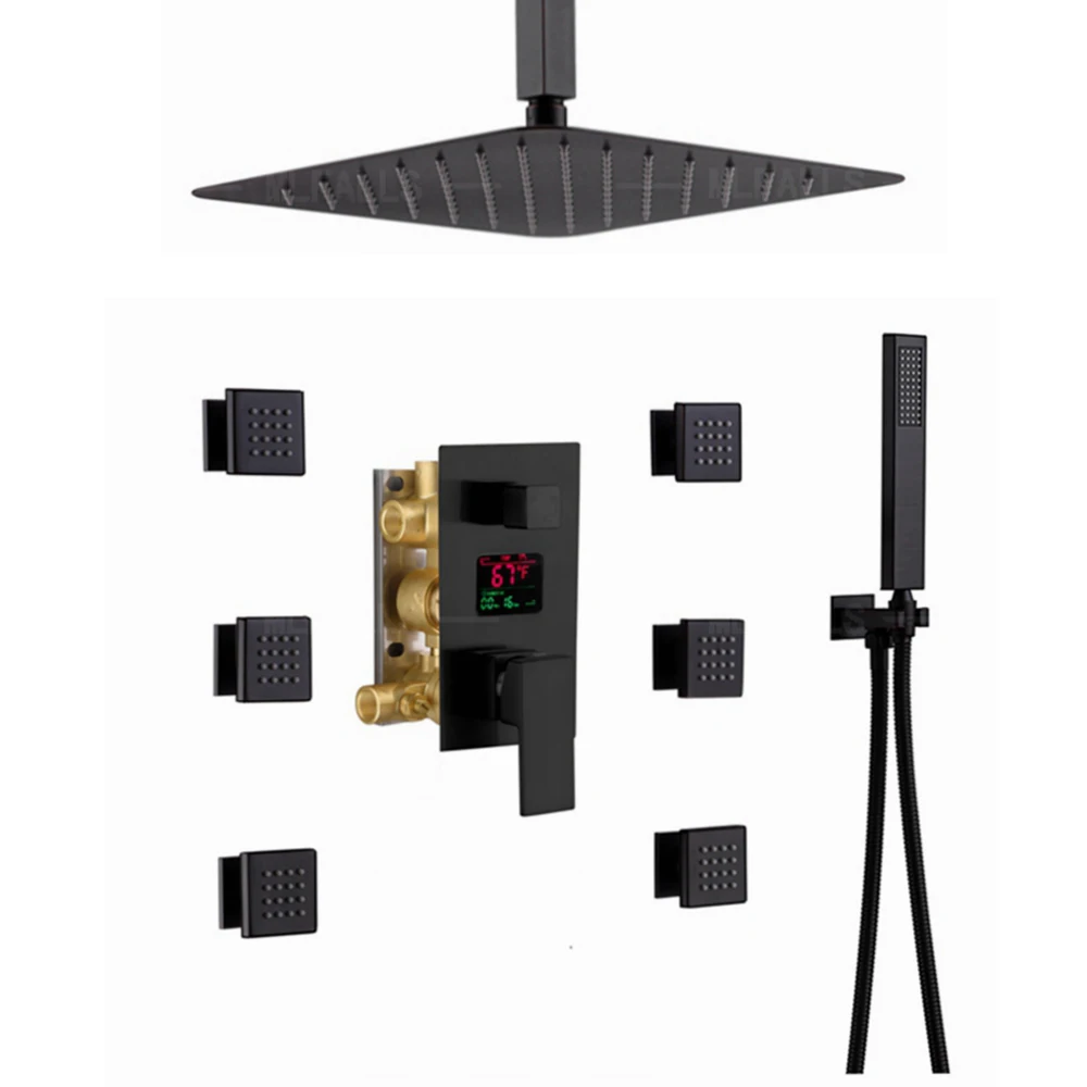 Juego de ducha de lujo antiescaldado con pantalla digital negra y chorro corporal para baño
