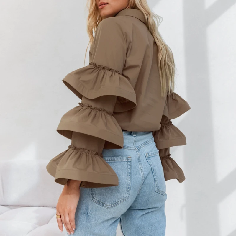 Fashion Temperament Single Breasted Slim Tops 2024 New Ruffle Design Solid Color Shirt Office Ladies Lapel Flared Sleeve Blouses