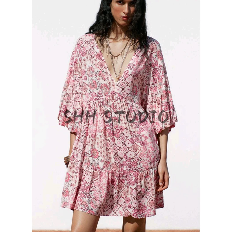 Vestido f de verão, novo, em camadas, com decote em V, manga bufante estampada,  vestido casual, cintura solta, fi...