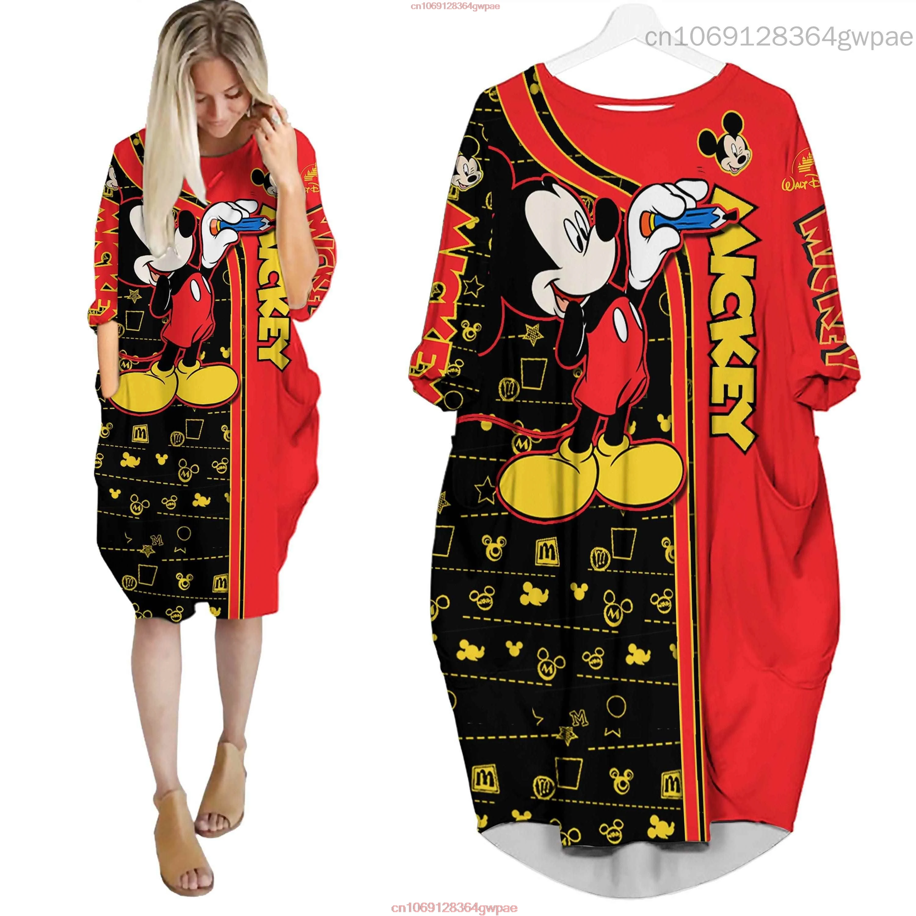 Mickey Minnie Mouse Home Long Sleeve Dress Disney Fashion Versatile Loose Batwing Pocket Over the Knee Womens Party Dress