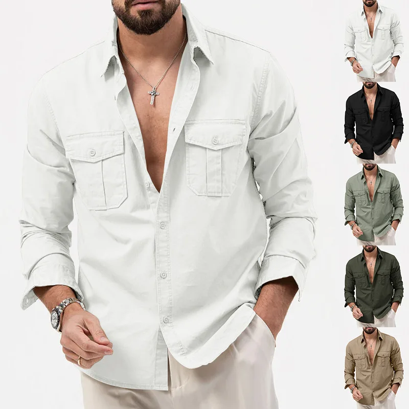 New Men Shirts Long Sleeve Casual Spring Summer Retro Work Multi-pocket Slim Social Business Casual Blouse Solid Color Shirt