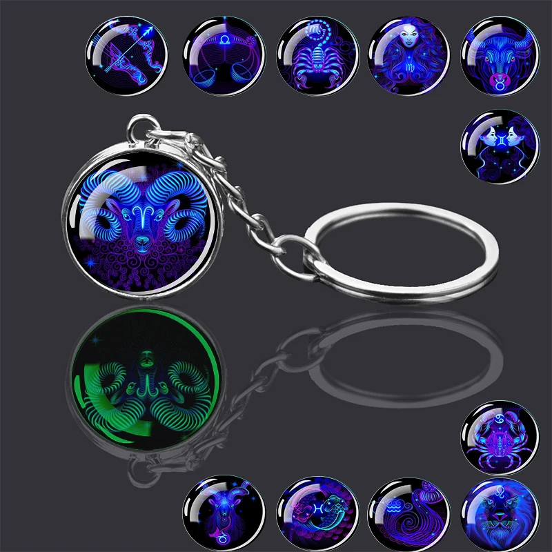 12 Constellation Symbols Luminous Dome Glass Metal Keychain Bag Accessories Glowing Ball Aries Gemini Cancer Birthday Gift