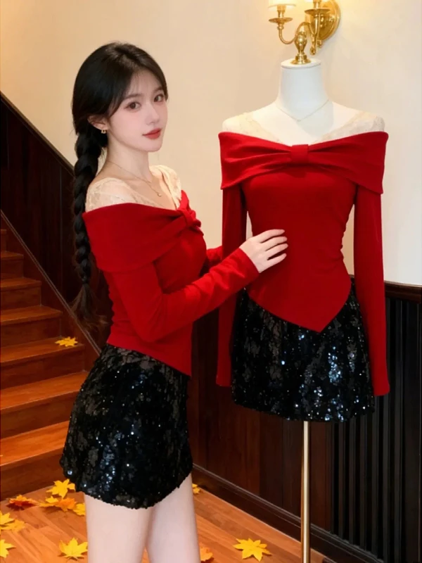 

Женская футболка больших размеров с длинным рукавом и узлом, приталенная, асимметричная, в корейском стиле, для повседневной носки, с кружевными вставками