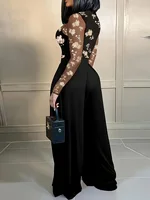 Women's Black Jumpsuit with Sheer Floral Embroidered Top Wide Leg Design Ideal for Evening Galas Cocktail Parties Formal Events - Image 5