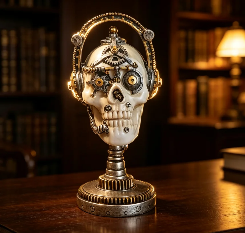 Mechanical Gear Steampunk Skull Statue Resin Skeleton With Headphones Vintage Punk Sculpture Collectible Ornament Home Bar