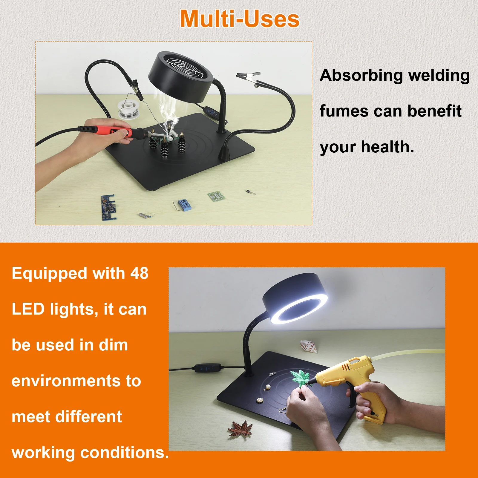 NEWACALOX 12V Kipas Knalpot Asap Las dengan Lampu LED 3 Warna Perbaikan Pengelasan Meja Kerja Penyolderan Tangan Membantu untuk Penyolderan