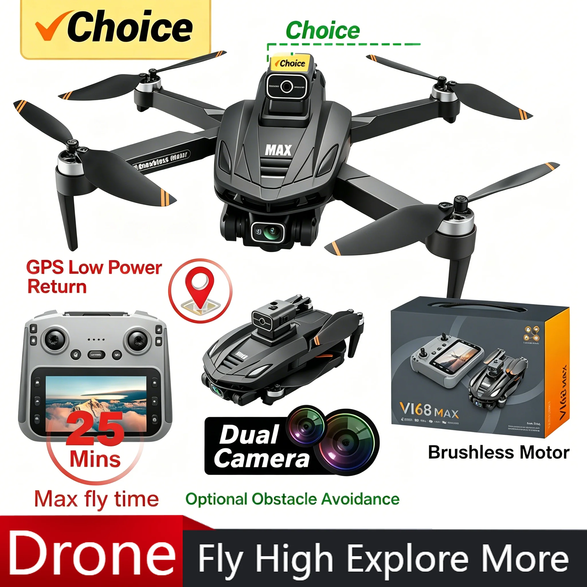 V168 MAX GPS Remote control toy 5G WlFl FpV 8K Dual HD Camera 360* Obstacle Avoidance Brushless Large Screen Rc Quadcopter