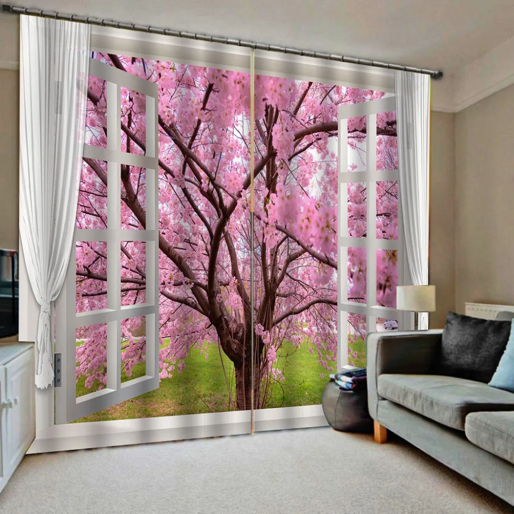 pink tree curtains window curtain Customized size Luxury Blackout 3D Window Curtains For Living Room blackout curtains