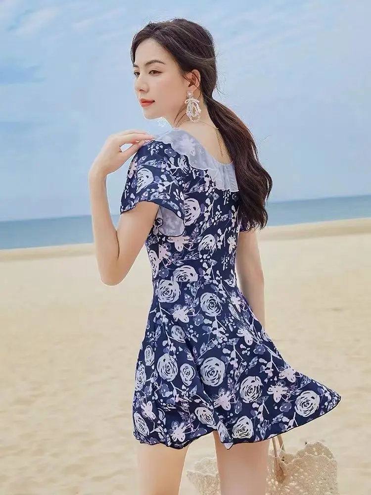 Impressão cover-up roupas femininas verão beach wear vintage com decote em v a linha de cintura alta kpop moda Куshenльник Жishiukan macio elegante novo