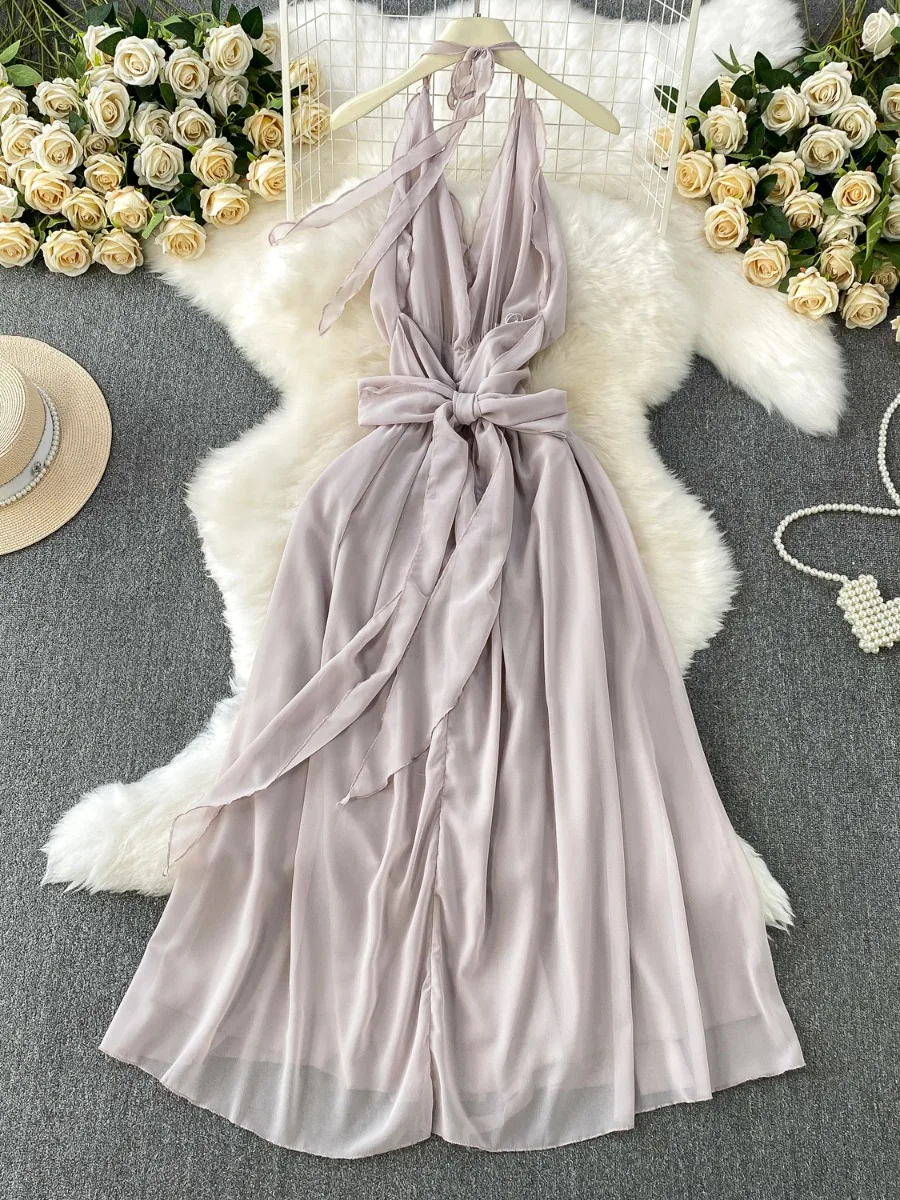 Foamlina praia férias sexy sem costas com decote em v vestido feminino verão 3d floral cinched cintura gravata flor bodycon fenda chiffon vestido