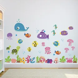 Cartoon Whale Fishes Sealifes Wall Stickers For Kids Room Bathroom Glass Decoration Sea World Mural Art Diy Pvc Home Decal