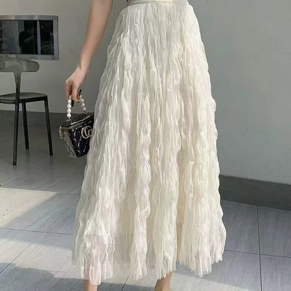 Elegant Style Pure Color Pleated Skirt, High Waist Mid-length Yarn Skirt Spring New Women's Clothing Gentle Mesh Commuter Simple