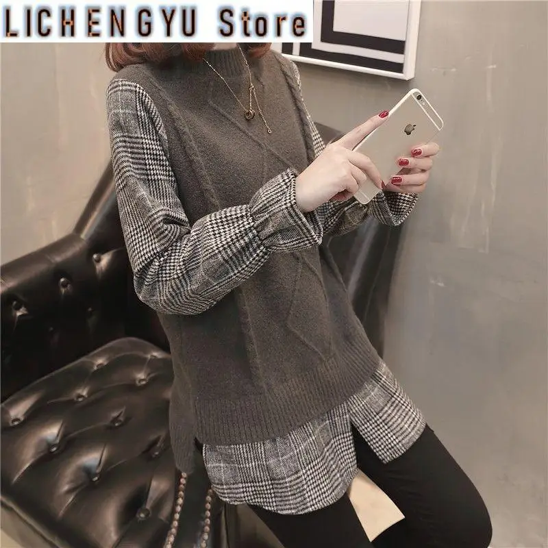 

Модная клетчатая блузка из двух предметов с круглым вырезом, женская одежда, новые осенние свободные повседневные топы, универсальная корейская рубашка