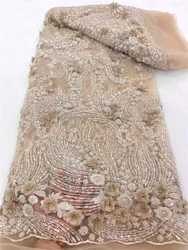 2024 French Lace Fabric 3D Flower Sequins Beads Nigerian Wedding Party Africa Dress Hot Sale High Quality 5 Yards Bride Dress