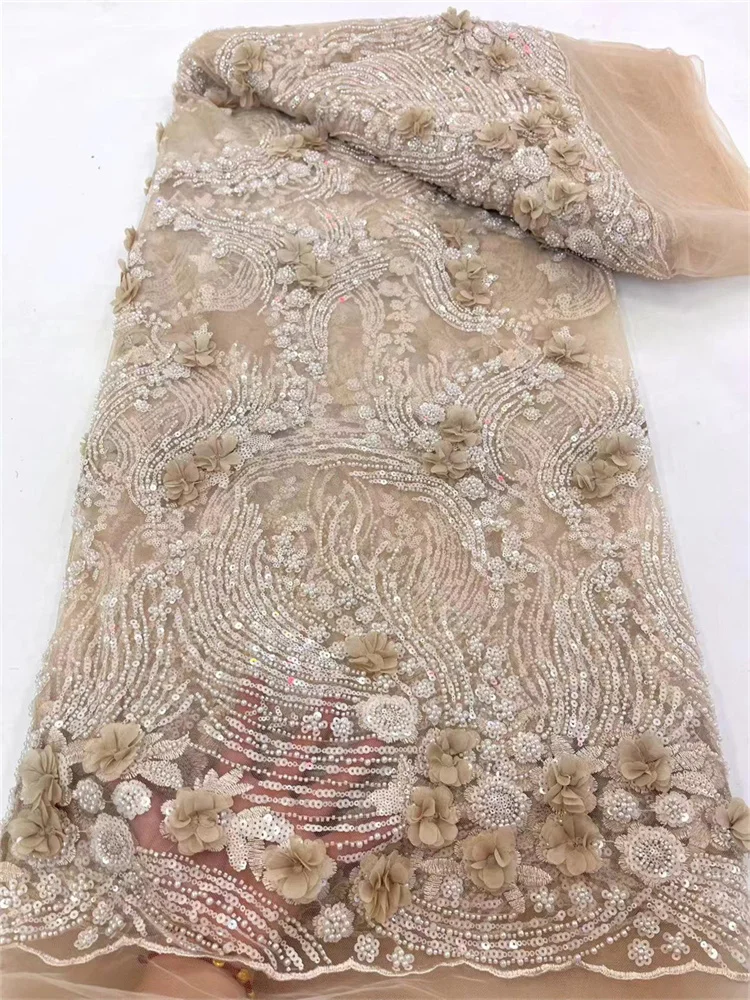 2024 French Lace Fabric 3D Flower Sequins Beads Nigerian Wedding Party Africa Dress Hot Sale High Quality 5 Yards Bride Dress