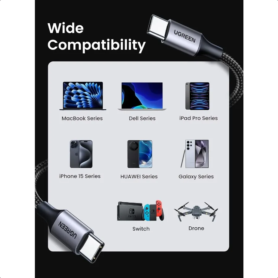 Cable USB C a USB C 3.3FT 60W Paquete de 2 cables USB C Cable trenzado de nailon tipo C para iPhone 16 15 Galaxy S24 S23 S22 Pixel 8 7 Libro A