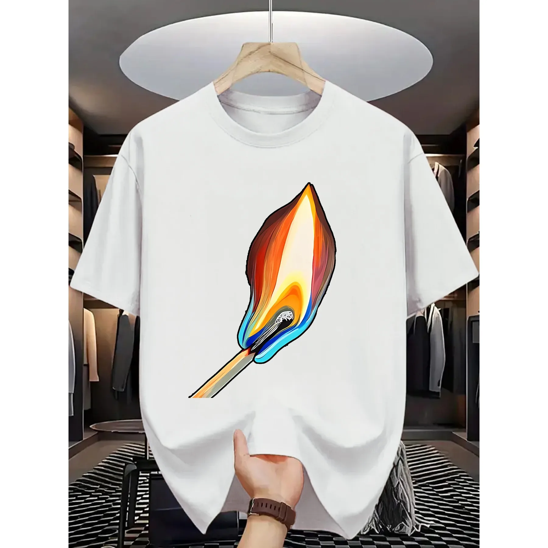 Flame Match Graphic Tee Men Summer Casual Round Neck Breathable Cotton Short Sleeve T-Shirt