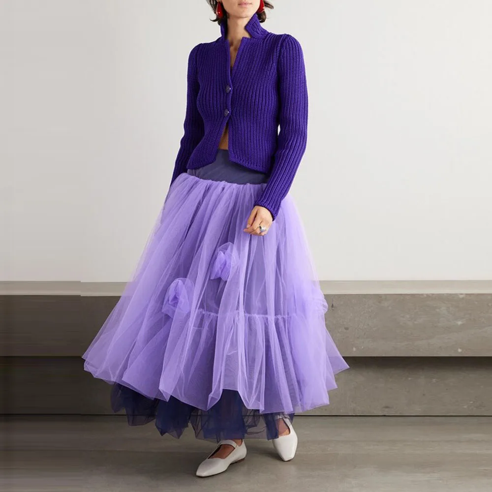 Couture Mutil Colored Floral Long Tulle Women Skirts Purple And Lavender Multi Colored A-line Women Maxi Skirt