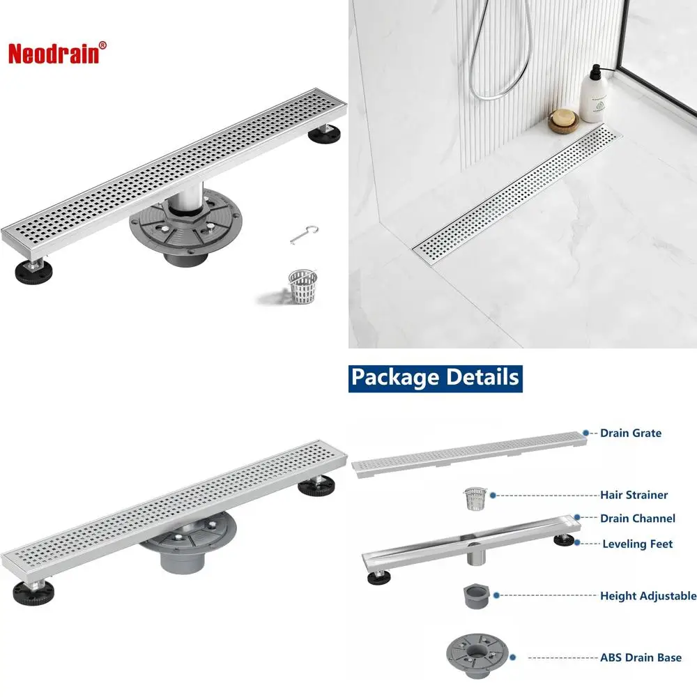 

18-Inch Brushed Stainless Steel Linear Shower Drain with Square Grate and Hair Strainer
