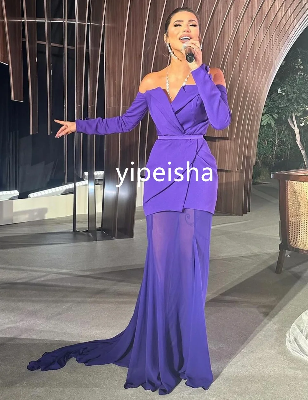 Customized Exquisite Jersey Mermaid Off-the-shoulder Long Dresses Prom Dresses Modern Style Pastrol Unisex Chinese Style Formal