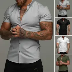 Summer Fashion Short Sleeve Shirt Men Solid Super Slim Fit Male Social Business Dress Shirt Brand Men Gym Fitness Sport Clothing