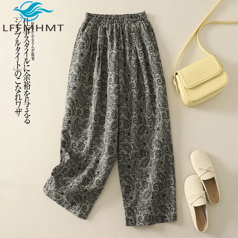 Pantaloni a gamba larga in cotone e lino con stampa di anacardi, fascione femminile, moda, pantaloni larghi e comodi, con sensazione di caduta, abbigliamento da donna