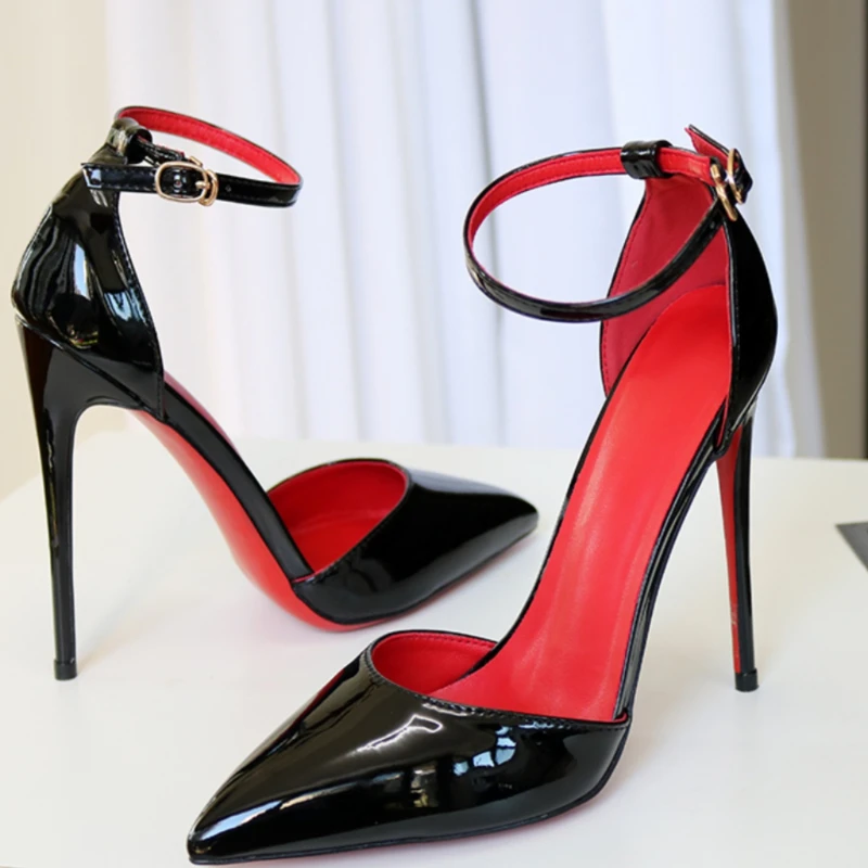 Red sole hollow straight strap super high heels sandals with red interior pointed patent leather oversized single shoe
