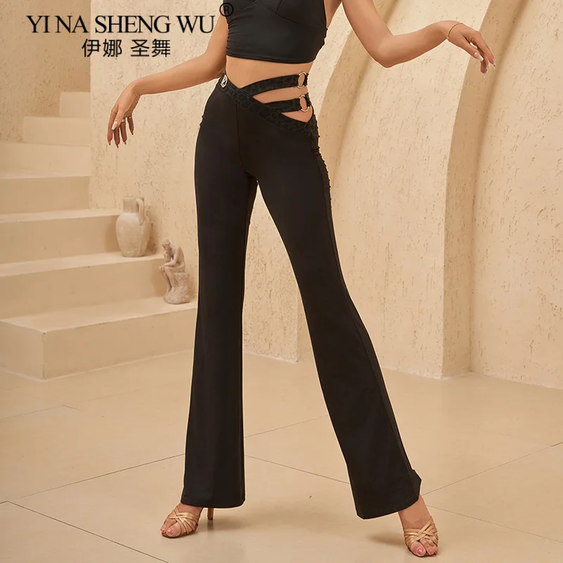 新しいラテンダンスパンツ黒ヒョウ柄セクシーなカットアウトスリムフィットパンツ女性チャチャサンバルンバ社交ダンストレーニング服