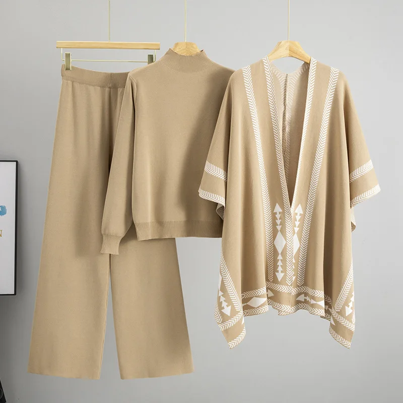 Greenora Women Business Casual Old Money Quiet Luxury Cape Poncho Knit Sweater Wide Leg Pants Three Piece Set Middle East