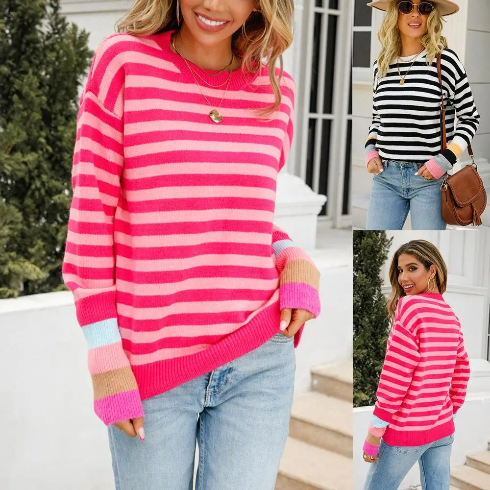 

Ele Early Knitted Patchwork Sweater Pullover Striped Print Slim Fit Women's Midweight Polyester Fiber Autumn Season