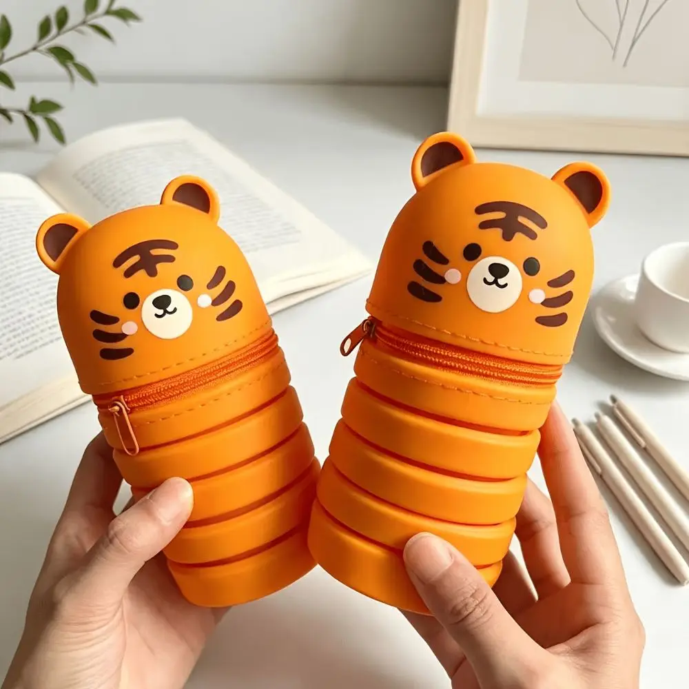 Silicone Material Silicone Pen Holder Upright Design Kawaii Style Upright Desk Organizer Tiger Face Pattern Little Tiger Theme