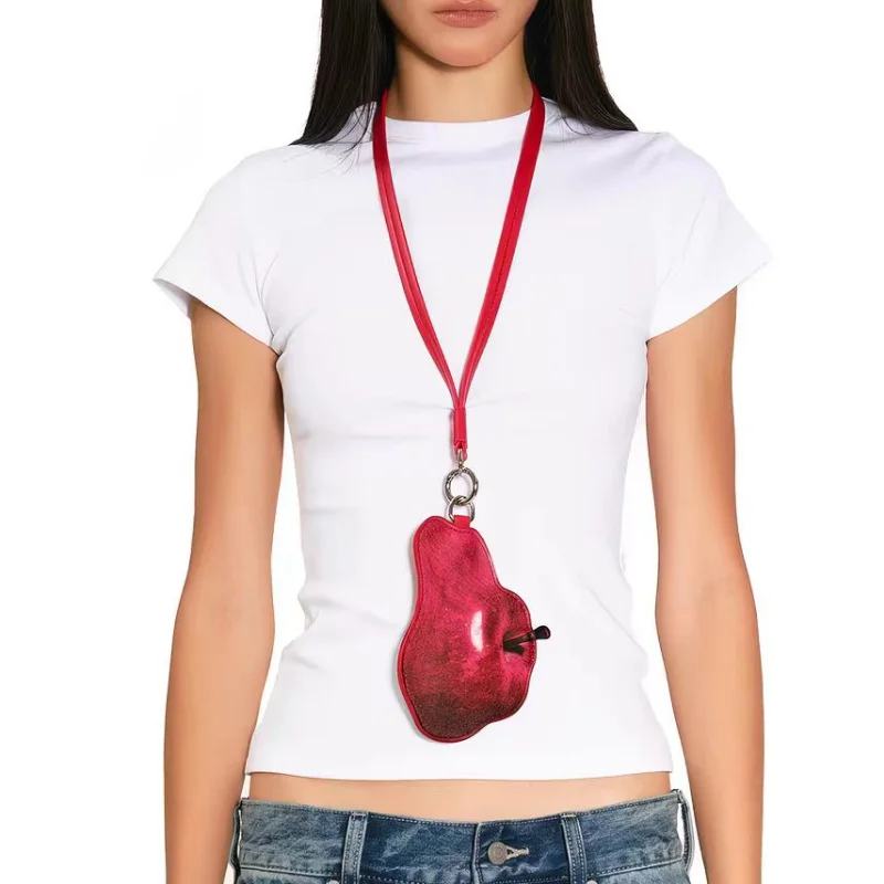 Cute Irregular Apple Shape Card Holder Neck Lanyard Vintage Fruit Design Women Portable Credit Card ID Badge Coin Purse Wallet