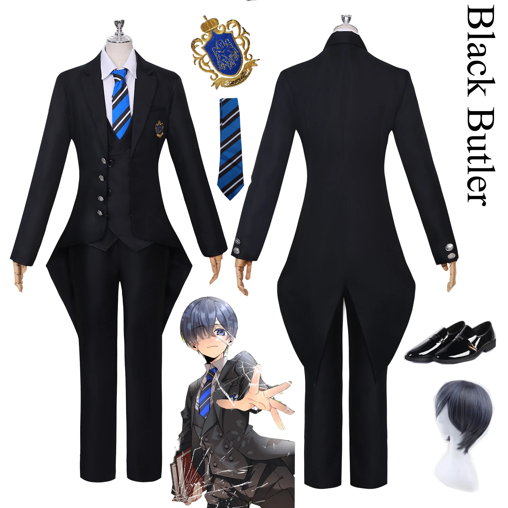 Ciel Phantomhive Cosplay Costume Anime Black Butler Boarding School Wig Shoes Suits Hallooween Party Role Play Comic Con for Men