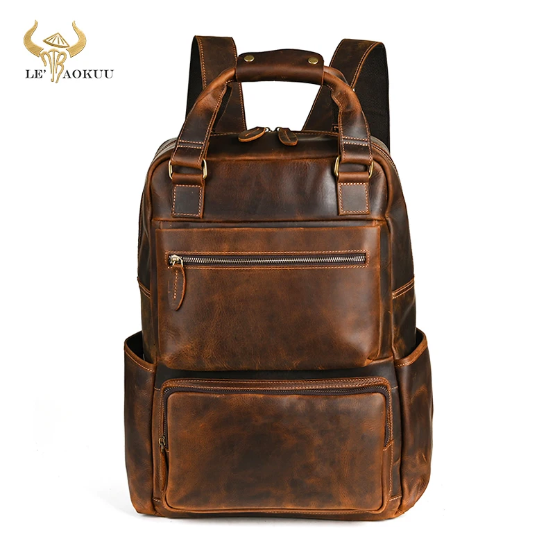 

Men Cow Crazy Horse Leather Vintage Travel University College School Book Bag Designer Male Backpack Daypack Laptop Bag 5005