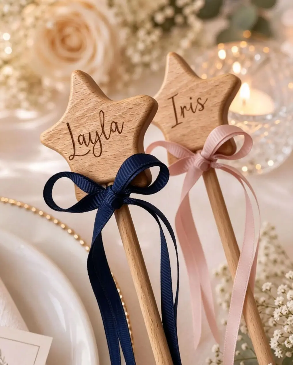 2pcs Custom Engraved Wooden Star Wand, Personalized Name Wood Fairy Wand with Satin Ribbon, Keepsake Gift for Celebration Party
