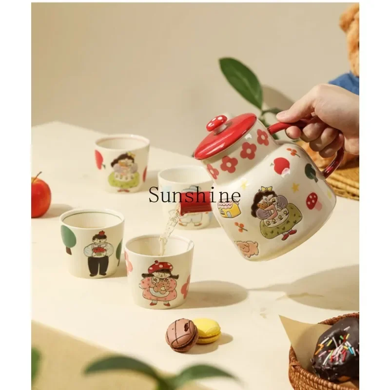 

A family of four and three hand-painted underglaze color water set gift box ceramic kettle water cup housewarming new home