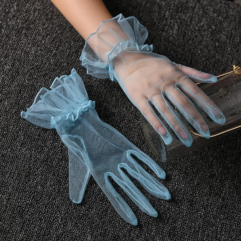 Autumn Summer Women Short Tulle Gloves White Black Weeding Gloves Stretchy Lace Full Finger Mittens Mesh Transparentes Gloves