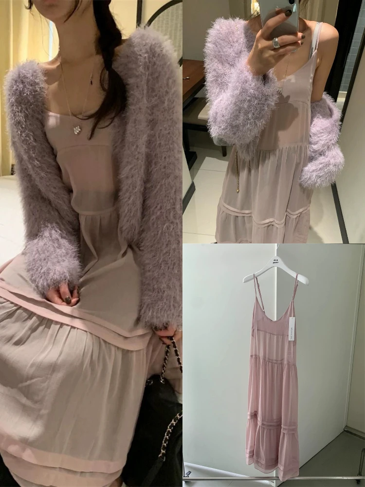 Gentle Lady Spring Dongdaemun See tough Overlap Strap Dr High Waist a Line Skirt Long Sve V Ne Single Button Closure