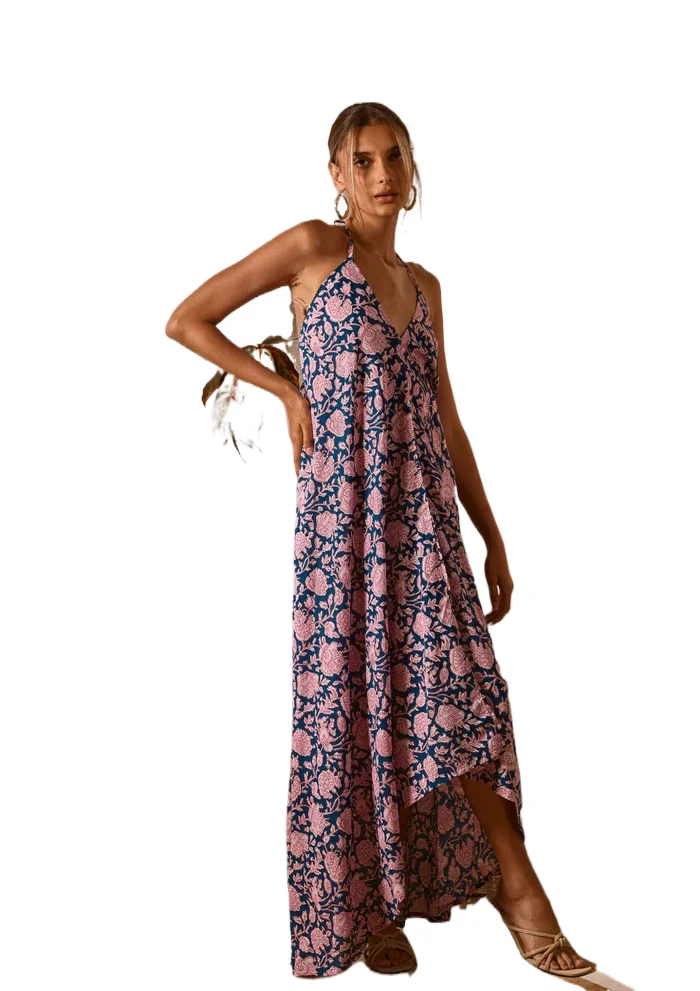 

Casual Boho Printed Dress Fashion Vacation Style V-neck Halter Neck Backless Lace Up A-line Big Hem Long Dress Summer New Style