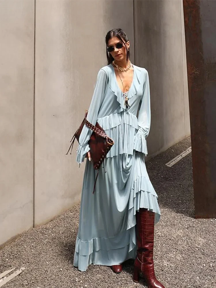 

Fashion Women's Ruffle Shirts Skirts Set Long Sleeve V-Neck Loose Lady Set 2025 New Spring Summer Elegant Female Beach Vacation