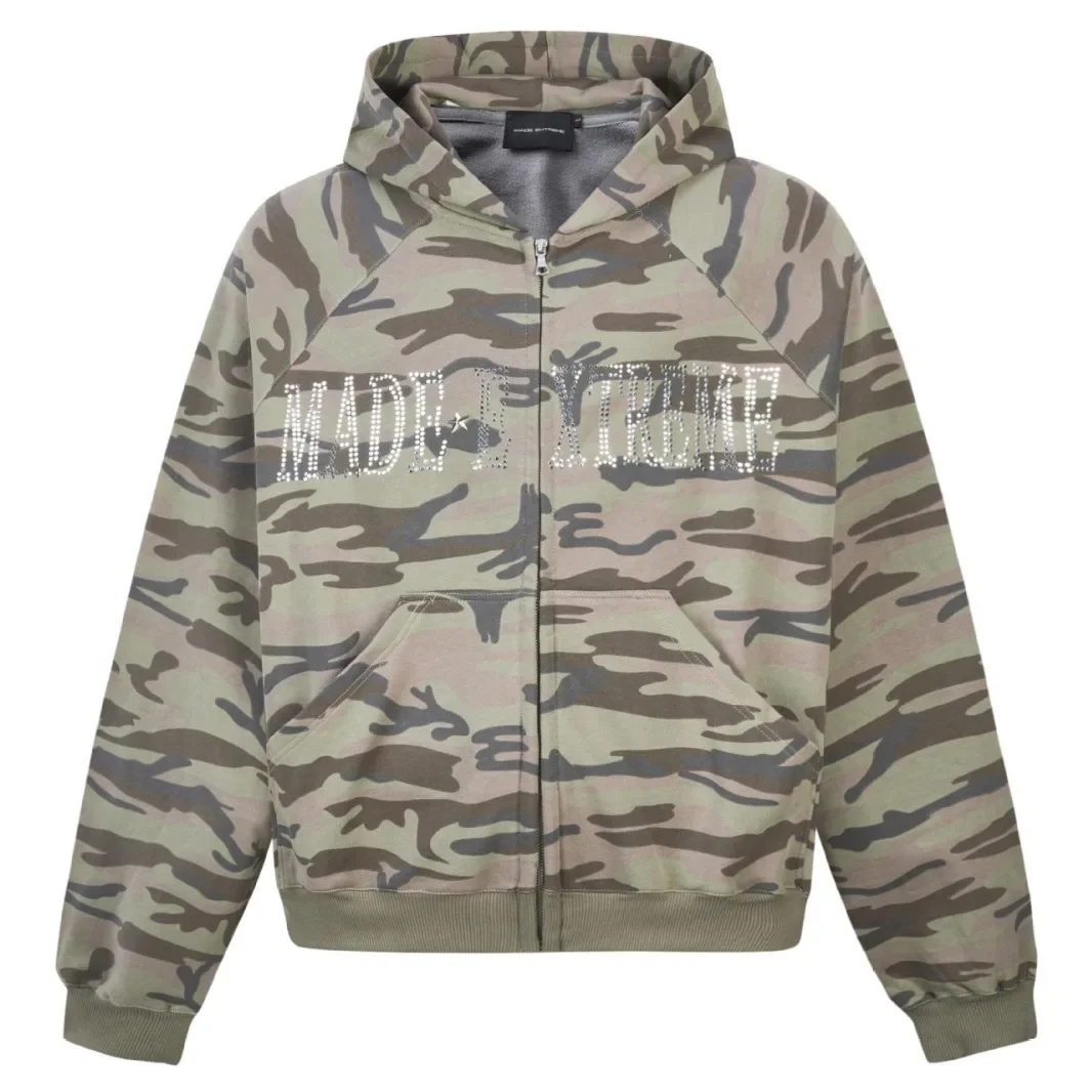 MADE EXTREME Camouflage Hot Diamond Letter Pattern Zip Up Hoodies