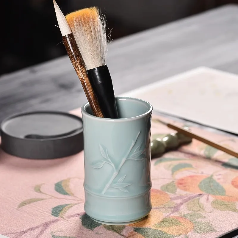 Chinese Ceramic Brush Holder - Calligraphy Pen Pot, Student Desk Organizer, Oriental Style Decorative Storage Box