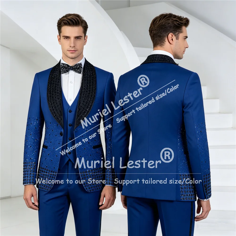 

Extravagant Wedding Suits For Groom Black Diamond Beading Prom Blazer Customized 3 Piece Sets Man Business Party Tuxedo Attire