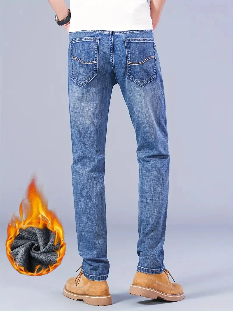 Pantaloni in denim da lavoro in flanella calda termica elasticizzata dritta in pile invernale Abbigliamento di marca maschile Jeans da uomo d'affari alla moda
