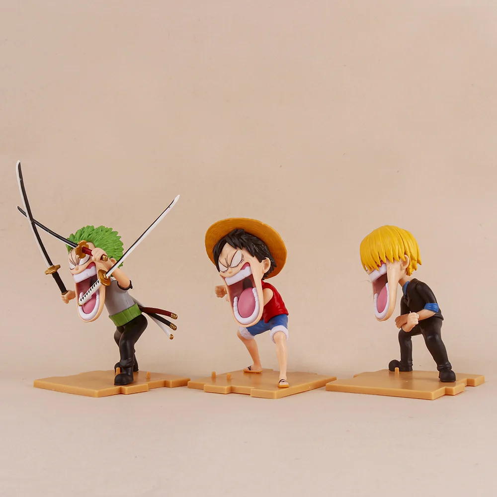 One Piece Figuras Anime, Engraçado Luffy, Zoro, Sanji Figurines, Modelo Boneca, Decoração do carro, Brinquedos infantis, Fãs Presentes, Novo, 3pcs por conjunto