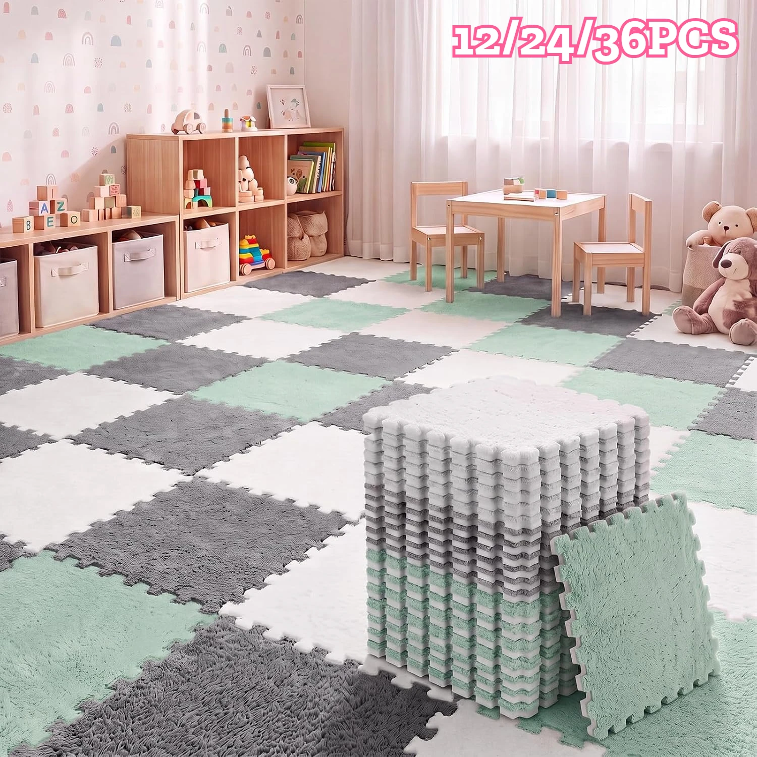 12/24/36 Pc Foam Interlocking Carpet Tiles, Soft Non-Slip Floor Mats for Kids Playroom, Gym & Home, White Gray Mint Green